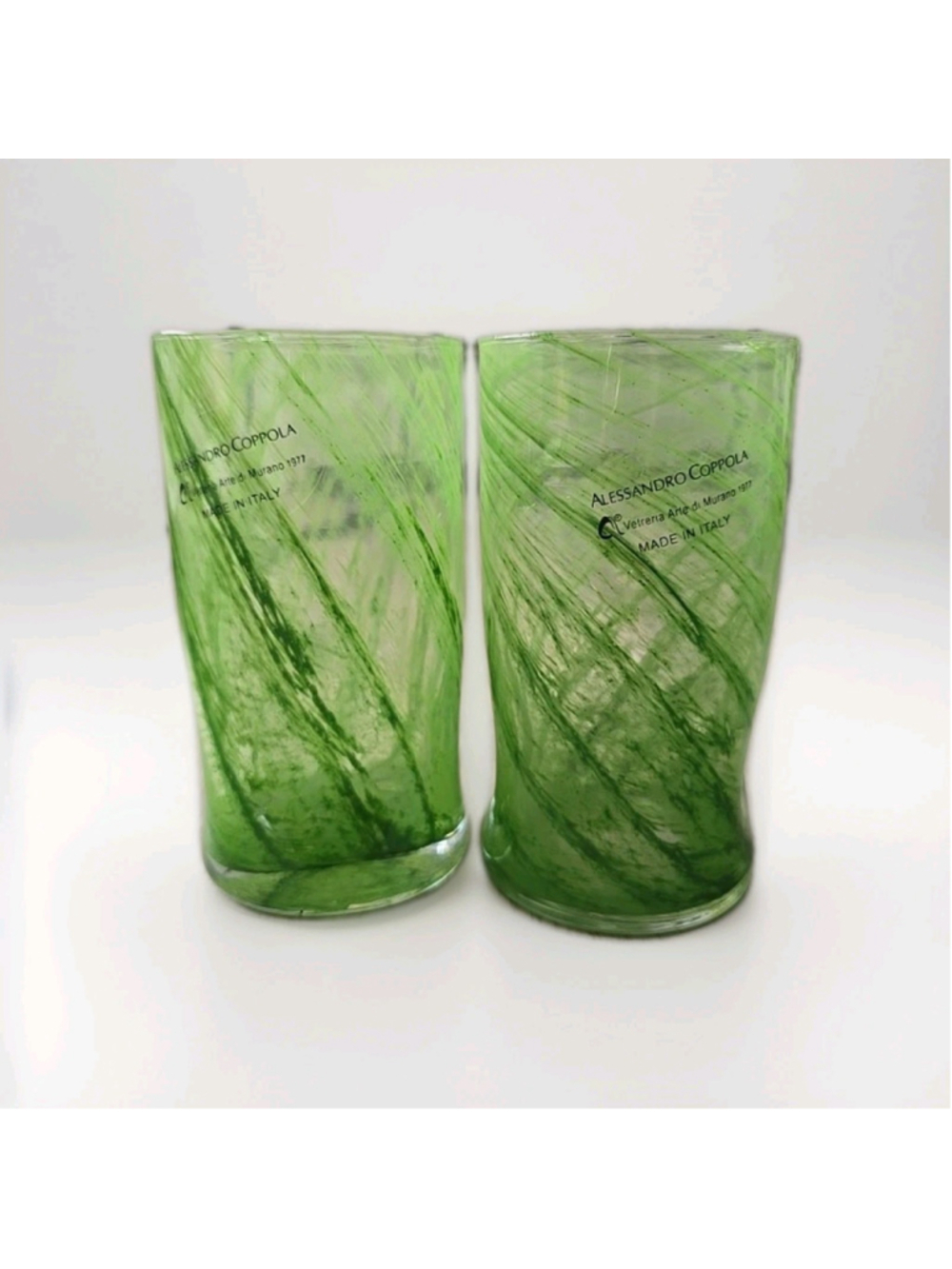 Set of 2 Arte Di Murano Green Swirls Tumblers by Alessandro Coppola 16oz. NWT #1